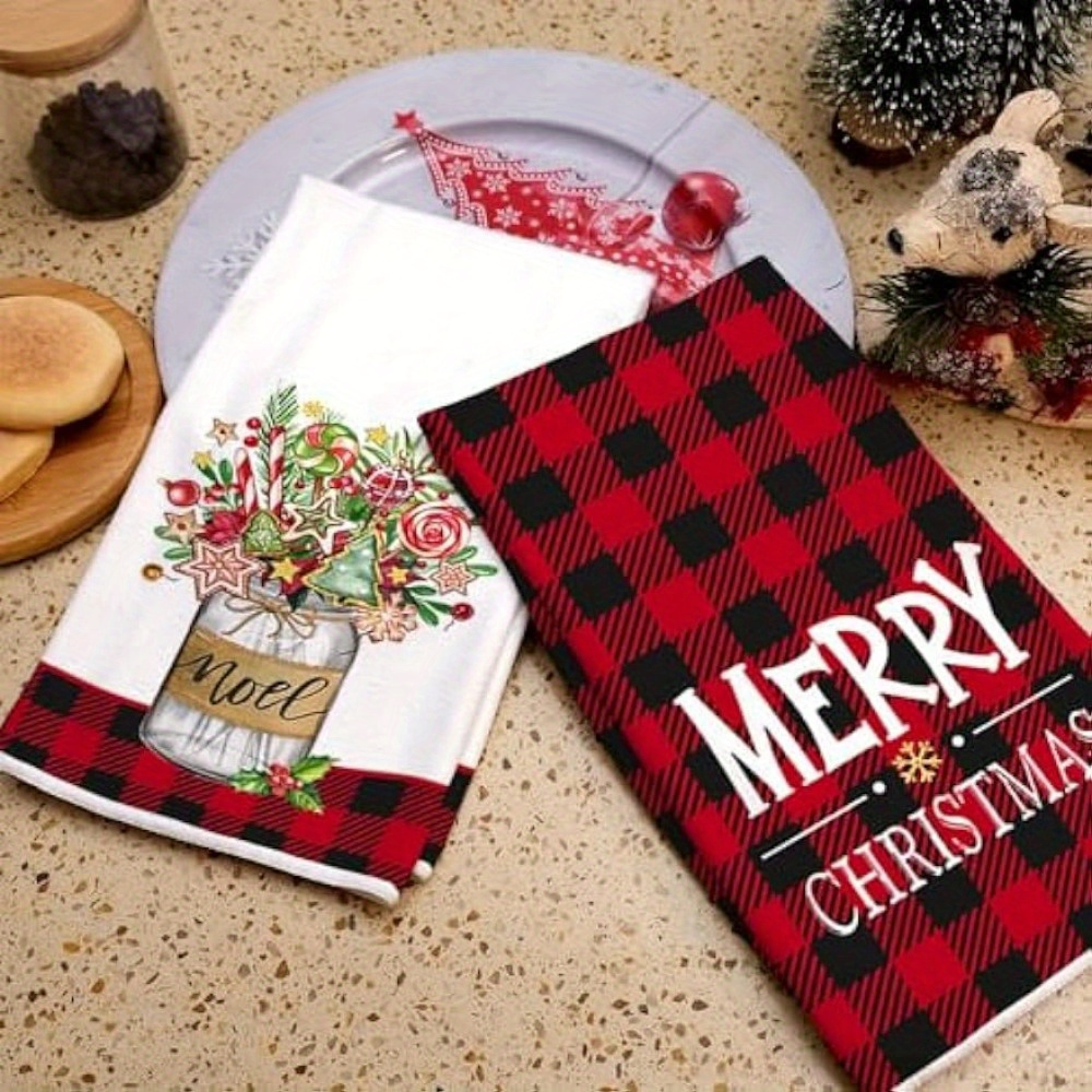 Black Red Buffalo Plaid Merry Christmas Kitchen Towels Dish Towels