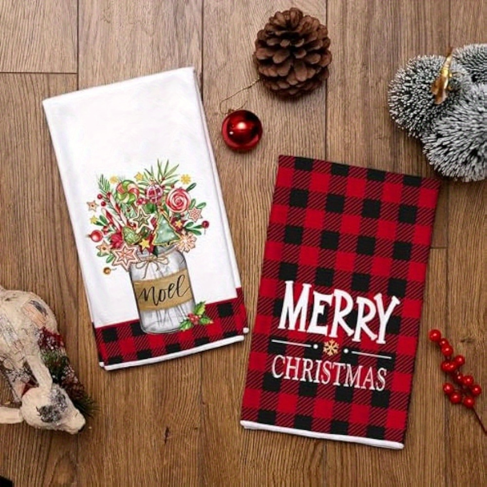 Black Red Buffalo Plaid Merry Christmas Kitchen Towels Dish Towels,  Black/Red