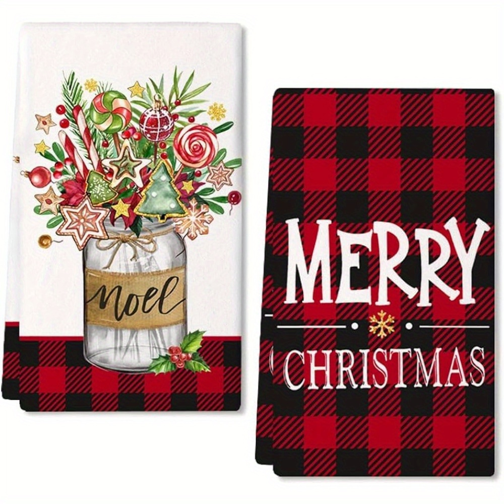 Christmas Kitchen Towels Set of 2,Black Buffalo Plaid Xmas Tree Dish Black  1