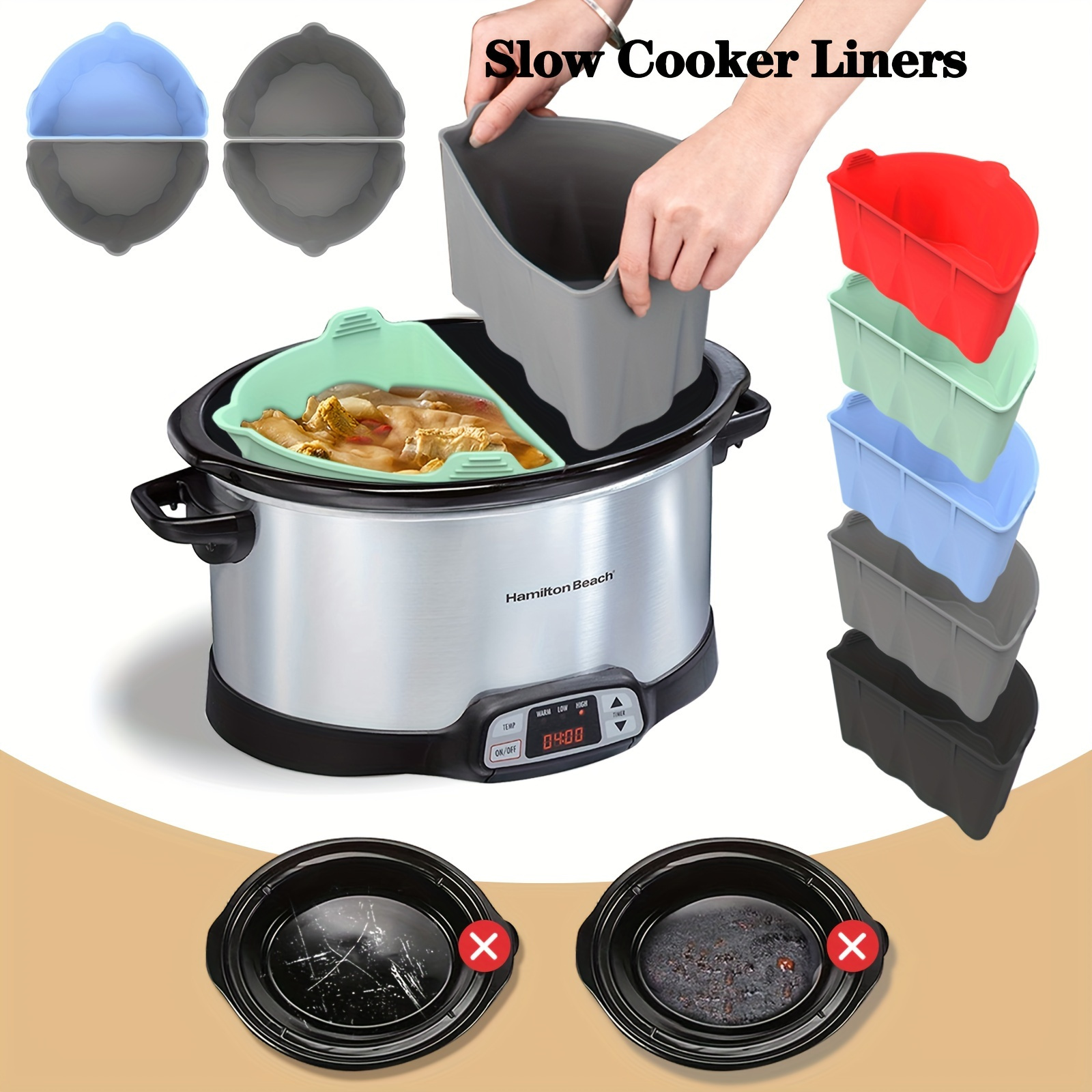 Slow Cooker Liners for Crockpot Crock Pot 6-8 QT, Reusable Silicone Slow  Cooker Divider Liner large Size for 6-8 Quart Oval Slow Cooker,Crock Pot