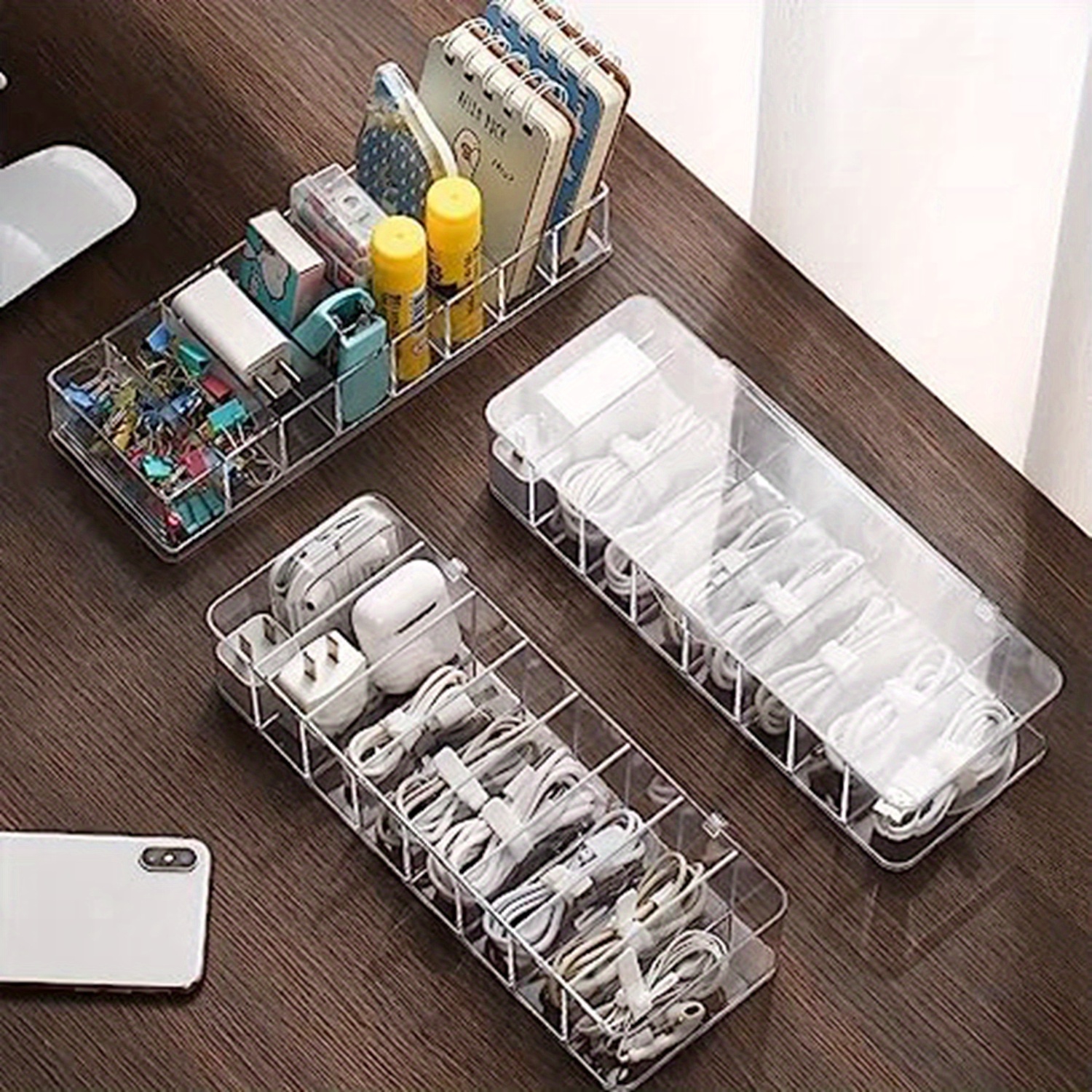 Boîte de gestion de câble en plastique, organisateur de cordon  d'alimentation transparent avec 8 compartiments, organisateur de câble de  bureau