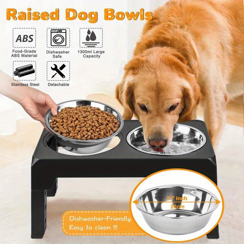 Elevated Dog Bowls, Adjustable Raised Dog Bowl Stand Feeder for Large Medium Size Dogs and Cats, Durable Bamboo Dog Food Bowl Stand with 2 Stainless