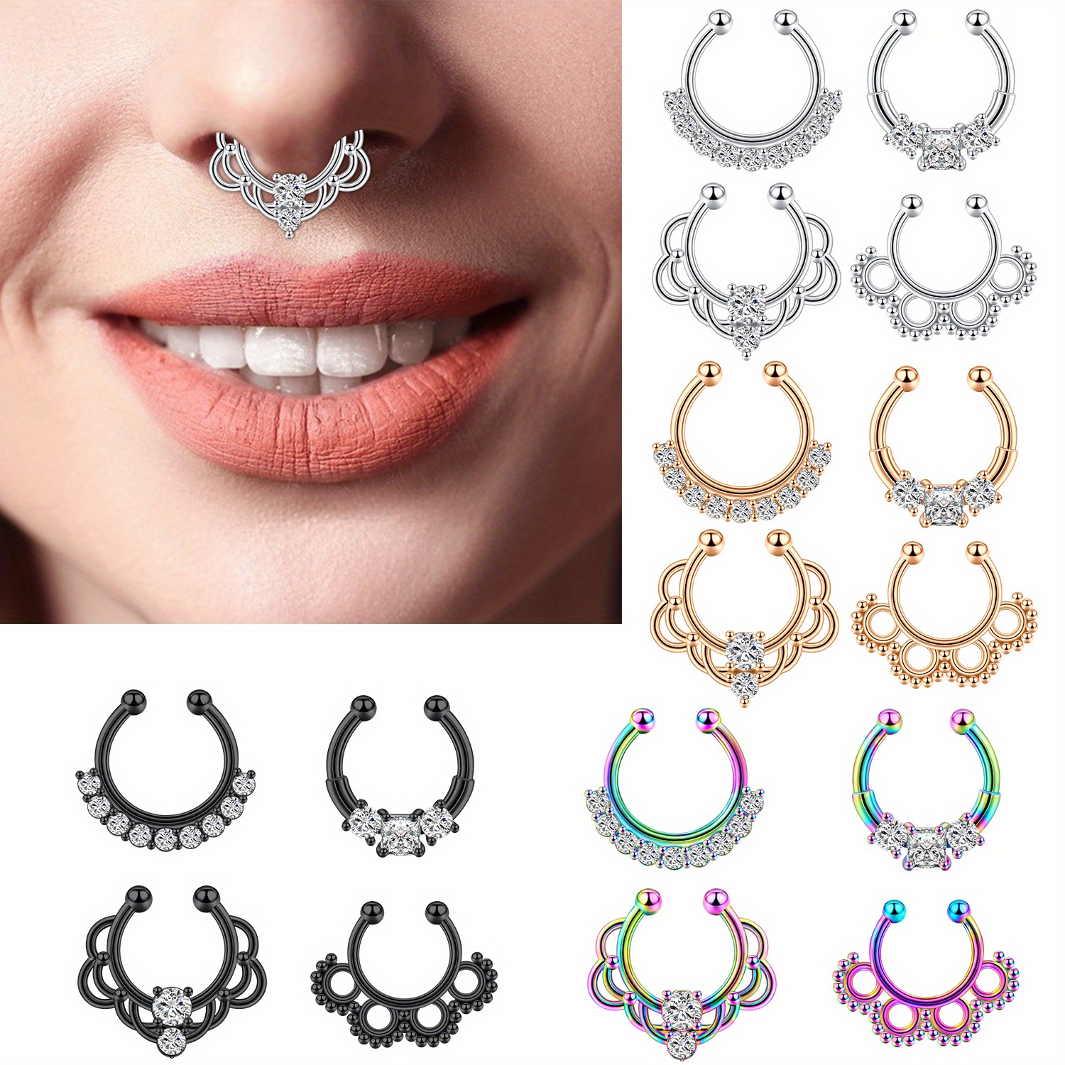 

4pcs Clip On Nose Ring Set Inlaid Shiny Zircon Minimalist Fake Piercing Nose Ring Jewelry