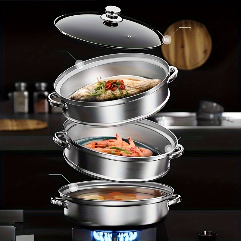 3pcs/set, Steamer Stainless Steel Household Multi-layer Steamer Large  Steaming Cage Steaming Cooking Soup Pot Integrated Gas Electromagnetic  Stove Use