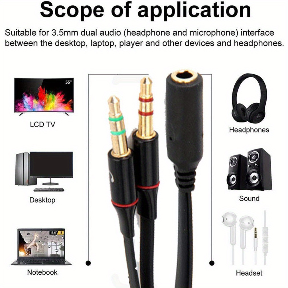 3.5mm TRRS Adapter 2 Male 1 Female Mini 3.5mm Jack 4 Pin Splitter Stereo  Audio Microphone Flat Cable