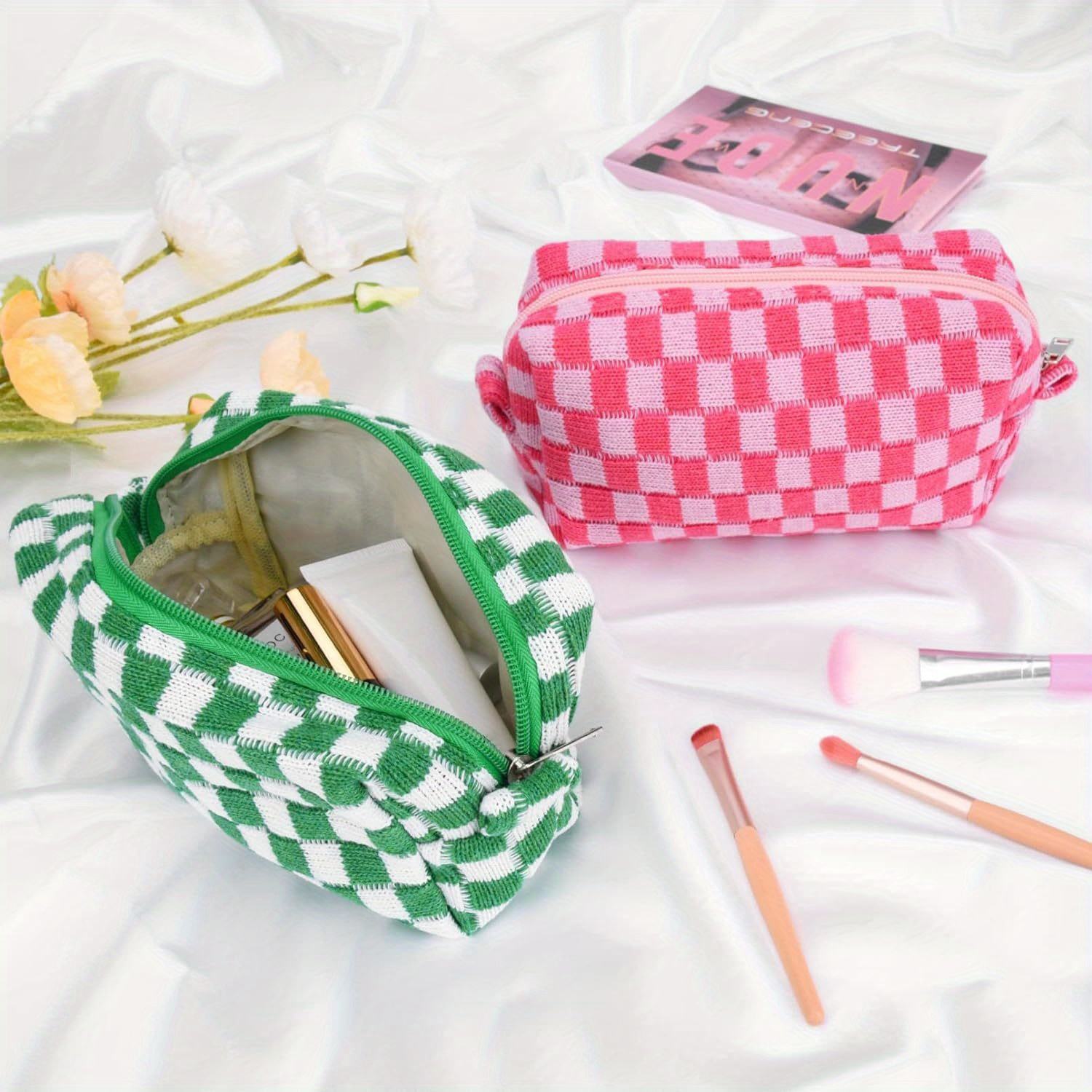 Makeup Bag Set Checkered Cosmetic Bag, Large Capacity Canvas Travel Toiletry  Bag Organizer, Cute Makeup Brushes Storage Bag For Women - Temu