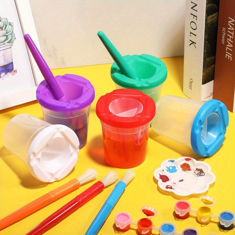  10 Pieces Paint Brushes and 10 Pieces Paint Pot with Lids Kids  Children School Equipment Plastic Non-Spilled Water Cup Mixing Paint Pot  and Stopper Lid for Kids Art Painting