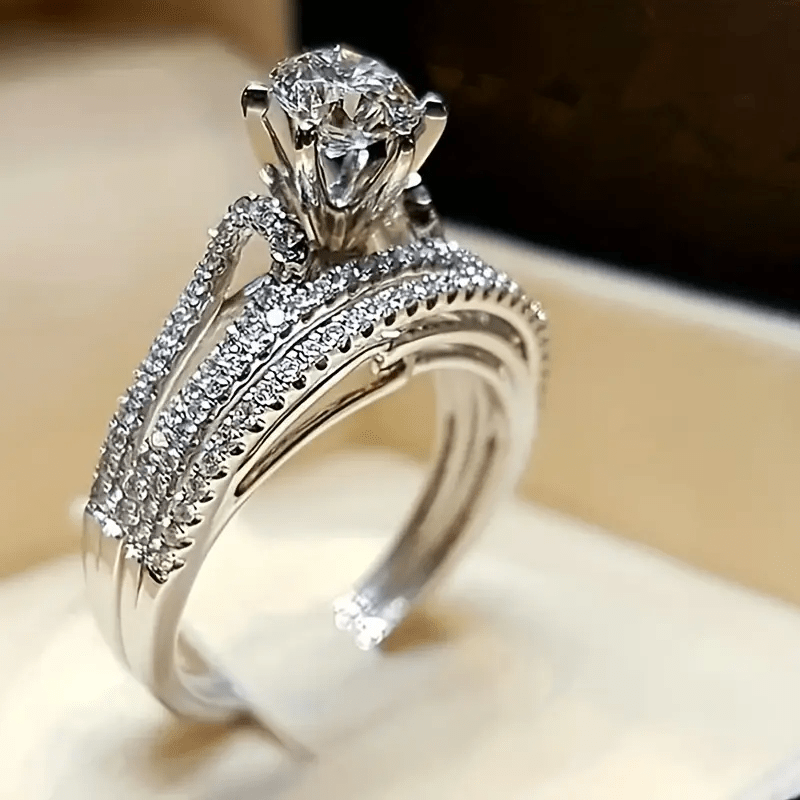 2pcs/set Elegant Women's Fashion Wedding Jewelry Ring Set Romantic Bride  Engagement Wedding Band Party Ring Size Us 5-11#