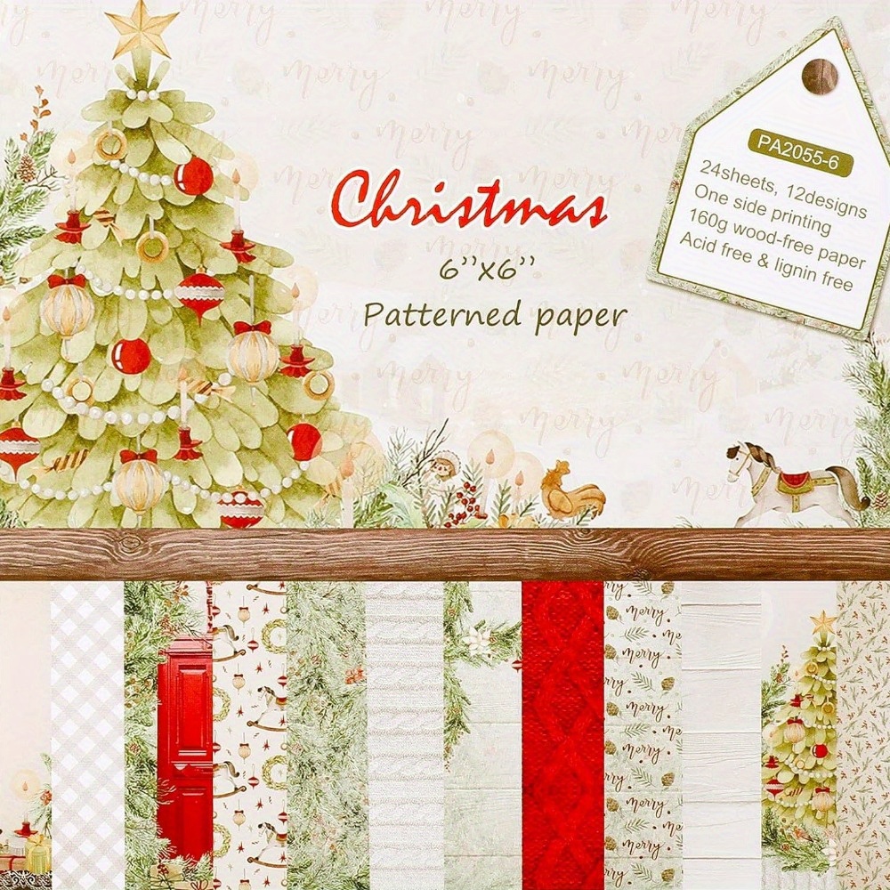 24pcs Merry Christmas Scrapbooking Paper Pad, Junk Journaling Craft Paper,  Assorted Pattern Background Art Origami Cardstock Paper, Single-Sided Vinta