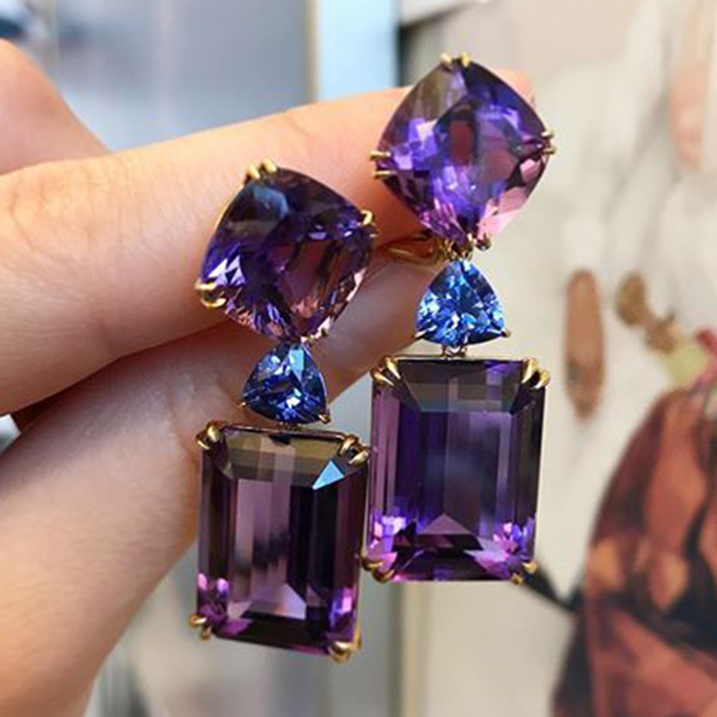 

Elegant Purple Cubic Zirconia Drop Earrings - Hypoallergenic, Nickel-free Dangle Design For Teen Girls, Perfect Birthday Gift & Party Accessory, Rectangular, Sparkling Accents