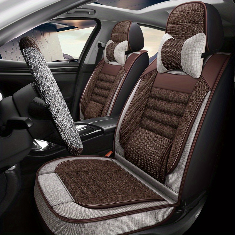 Car Seat Cover Universal Linen Material Front And Rear Five - Temu
