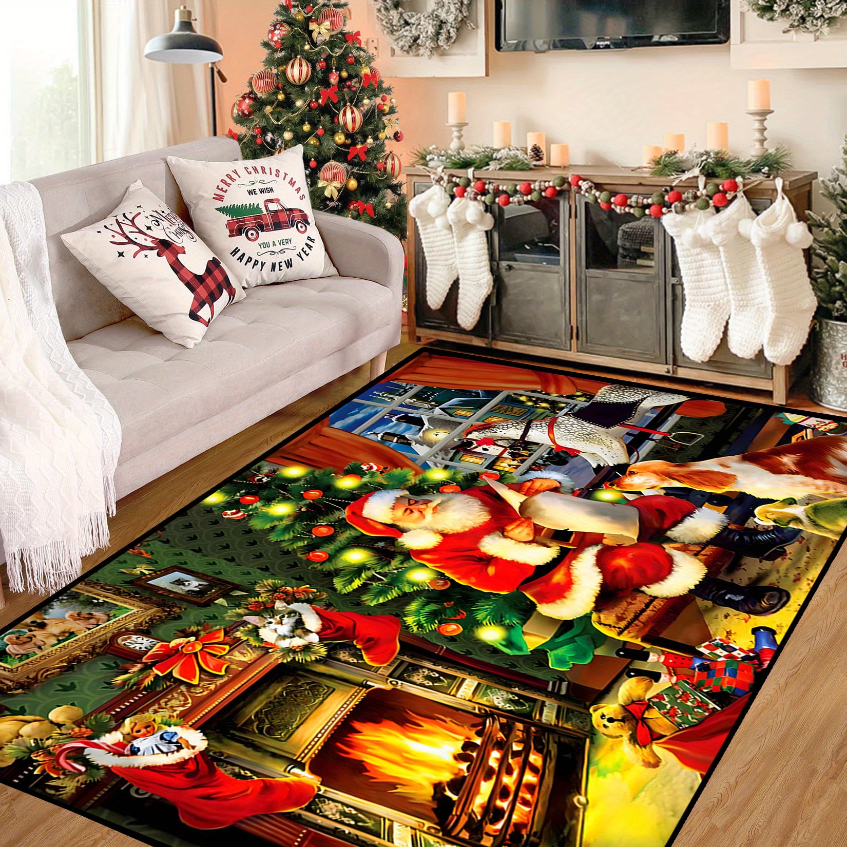 Area Rug For Bedroom Living Room,xmas Santa Claus Christmas Tree