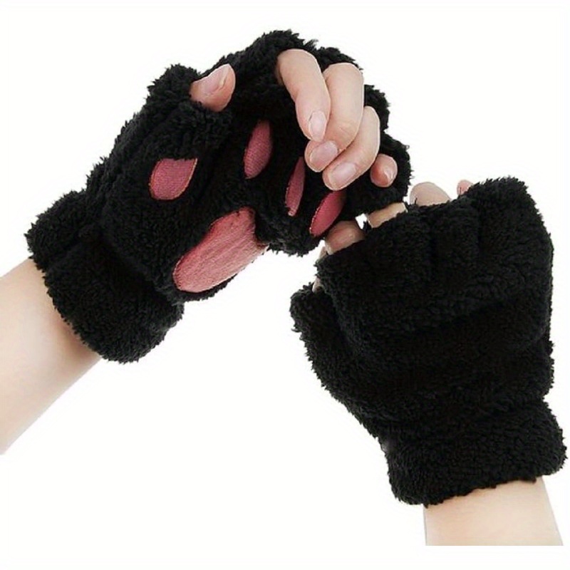 

Cute Cat Claw Embroidered Gloves Short Half Finger Bear Paw Plush Gloves Autumn Winter Thick Soft Warm Coldproof Gloves