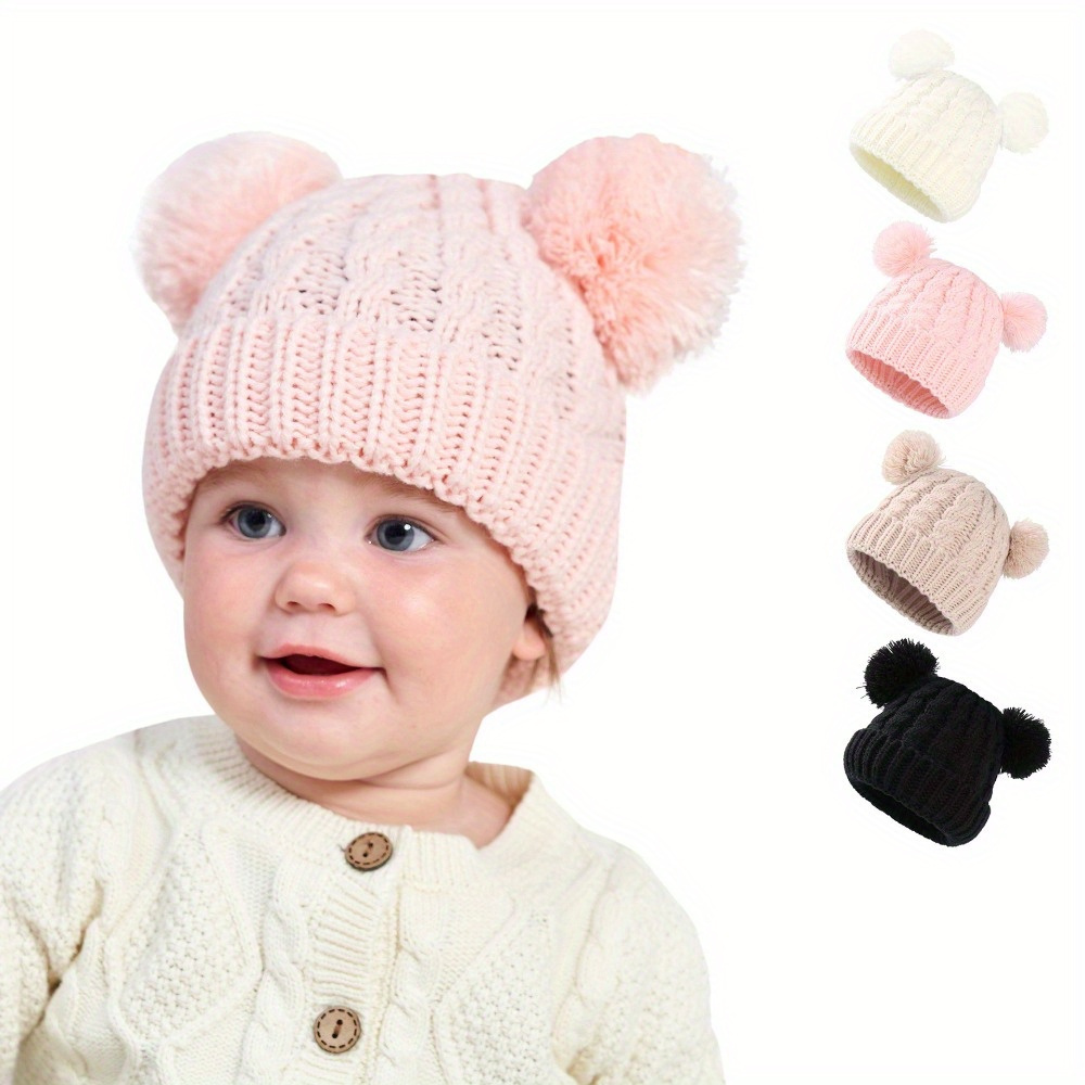 Dual Pom Poms Ball Knitted Baby Kid Caps Toddler Crochet Beanie