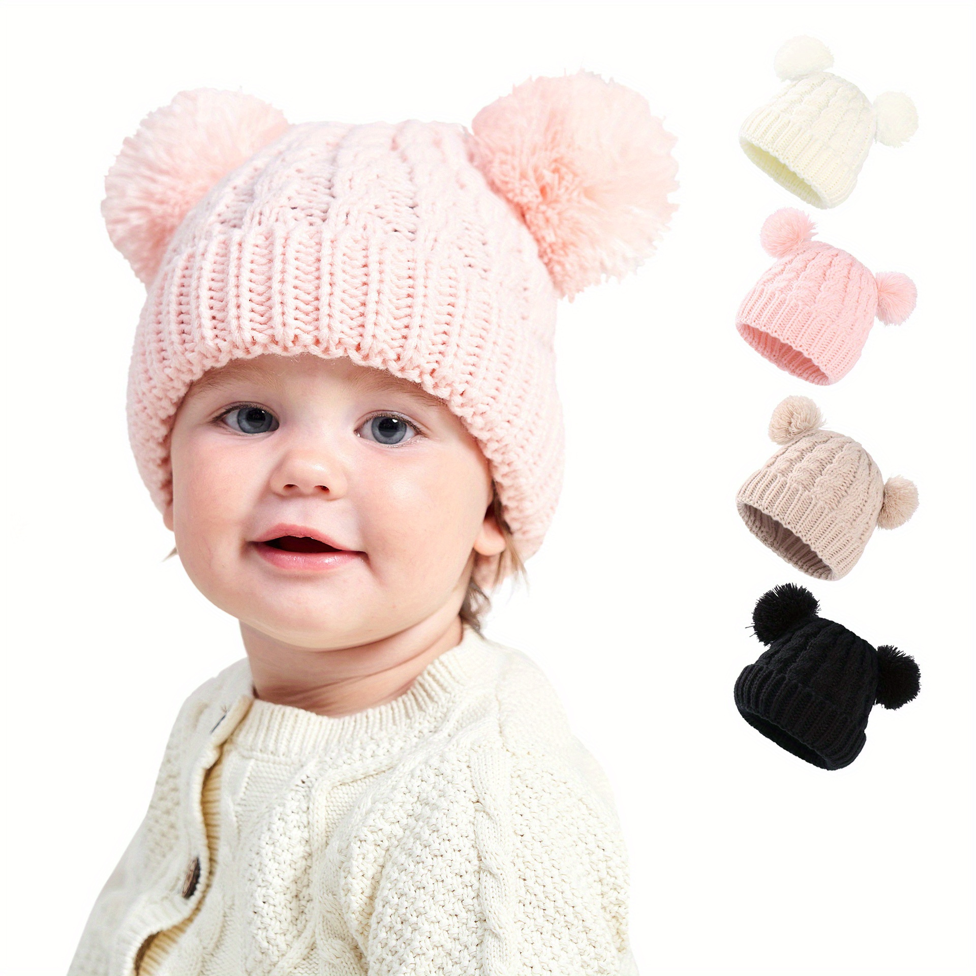 Baby Autumn Winter Warm Knitted Caps Dual Pom Poms Ball Toddler