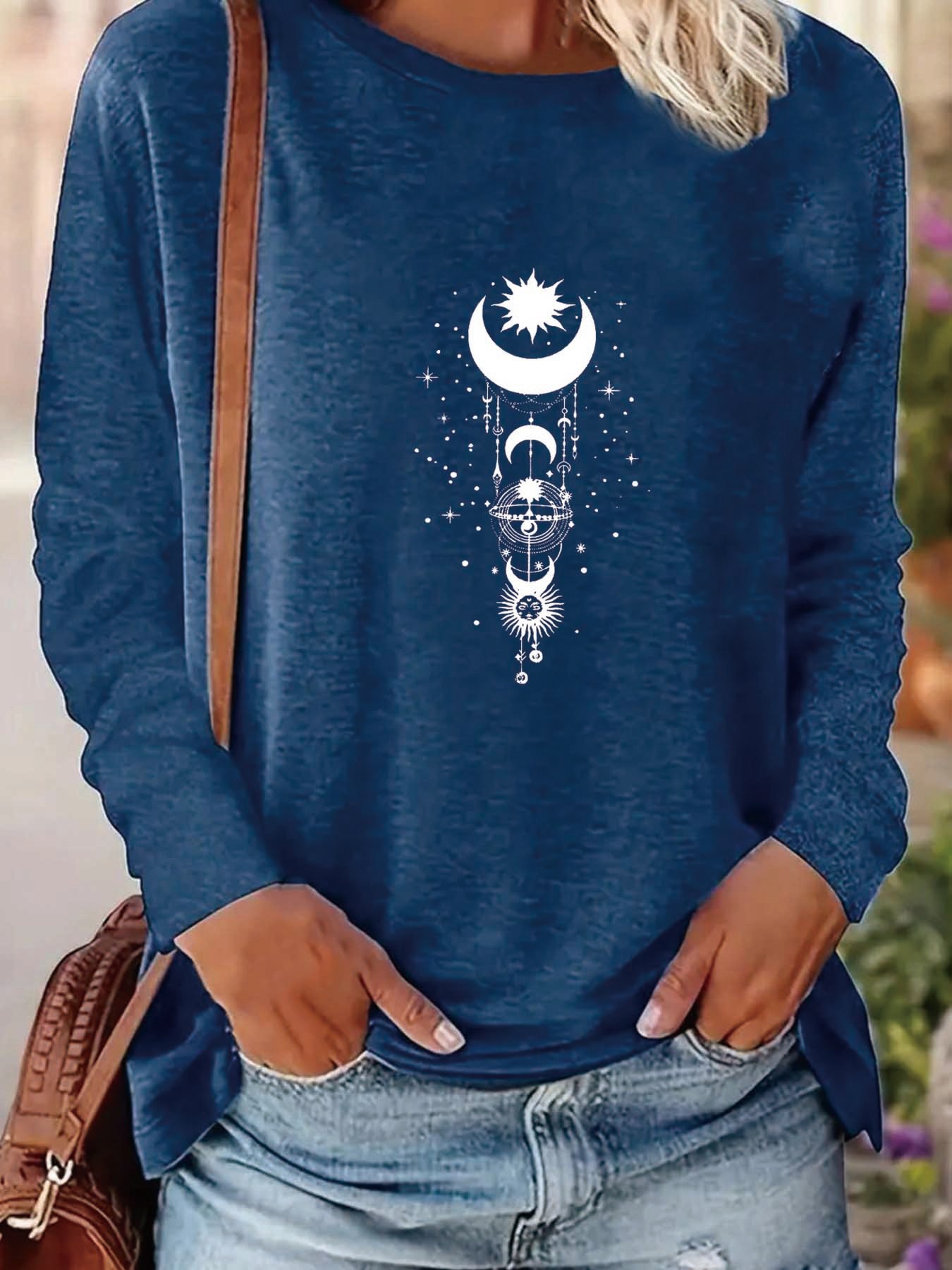 Moon Sun Print T shirt Casual Crew Neck Long Sleeve Top - Temu Canada