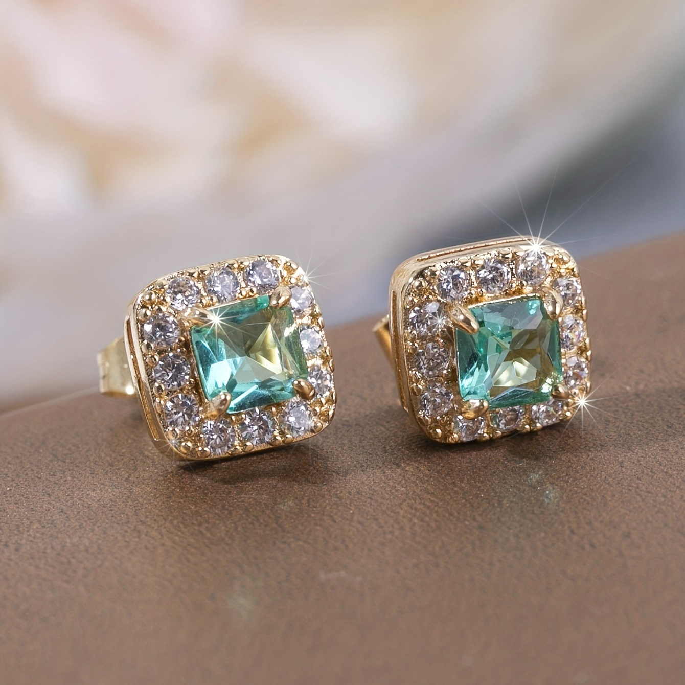 

Sparkling Square Design Stud Earrings Copper 14k Plated Jewelry Embellished With Synthetic Gems Elegant Luxury Style