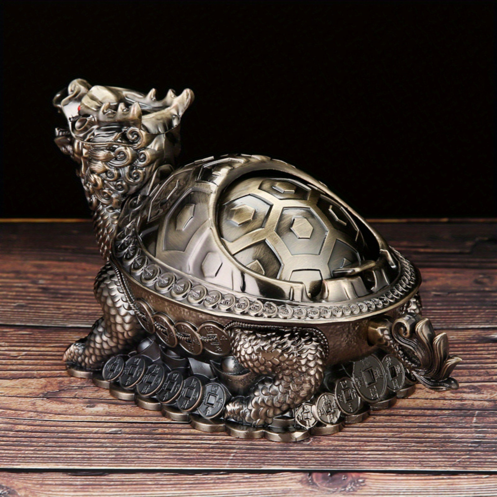 1pc dragon turtle ashtray with cover metal portable cigar ashtray with odor indoor and outdoor stand lucky animal fancy ornaments details 4