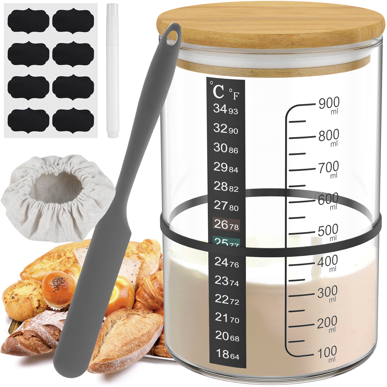 Glolaurge Sourdough Starter Jar, Sourdough Starter Kit with Thermometer,  Labels, Spatula, Cloth Cover & Stainless Steel Lid, 24 Oz Wide Mouth