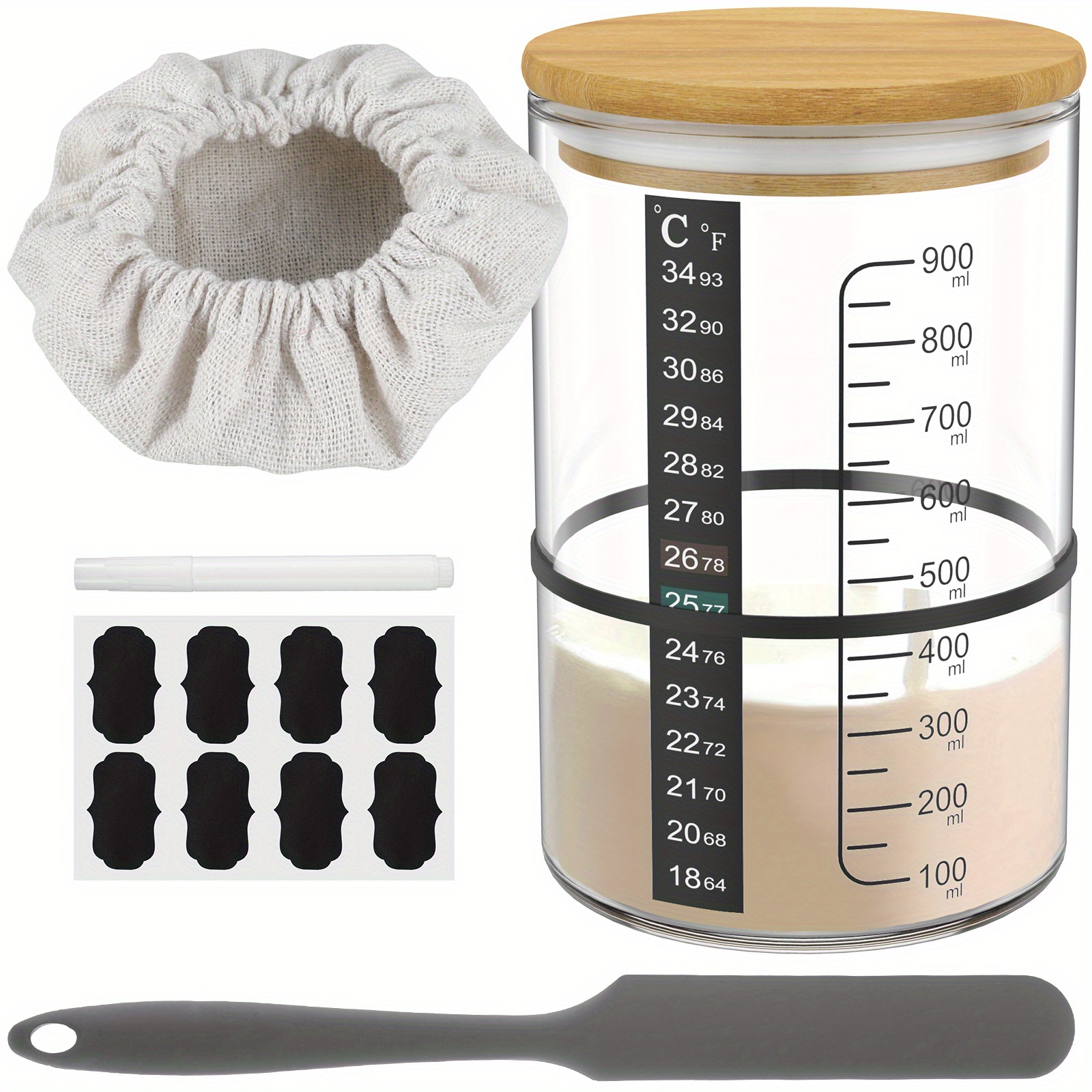 Cygnet Sourdough Starter Jar Kit, 45 oz DIY Sourdough Starter Jar, Thermometer, Silicone Jar Spatula, Chalkboard Labels & Marker. - Reusable