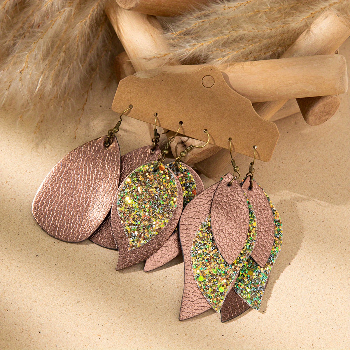 Pairs of One Card Earring Set Autumn and Winter PU Leather PU Leather  Glitter Sequin Water Drop Leaf Earrings Bohemian Vintage Earring S