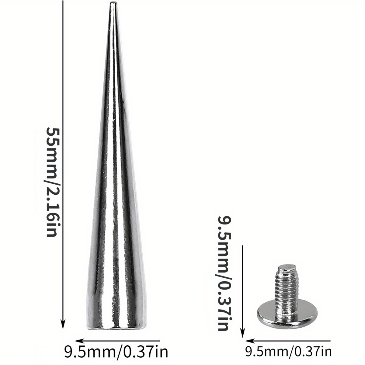 55MM Solid Punk Bullet Large Spikes Metal Leather Rivets DIY Silver Screw  on Cone Studs for Cosplay Clothes Set of 10