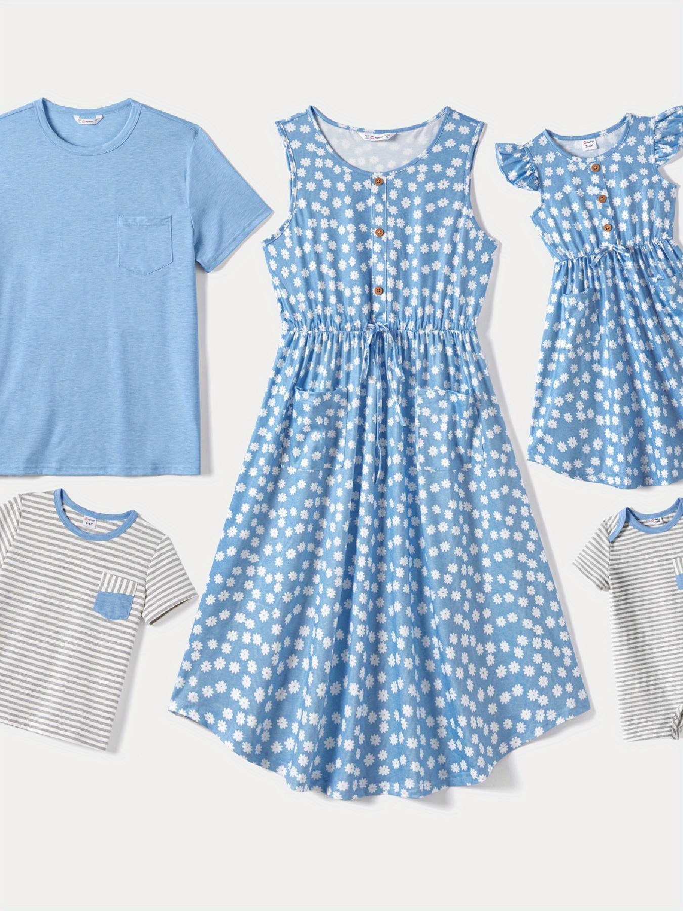patpat family matching allover daisy print curved hem drawstring tank dresses and short sleeve solid stripe t shirts sets