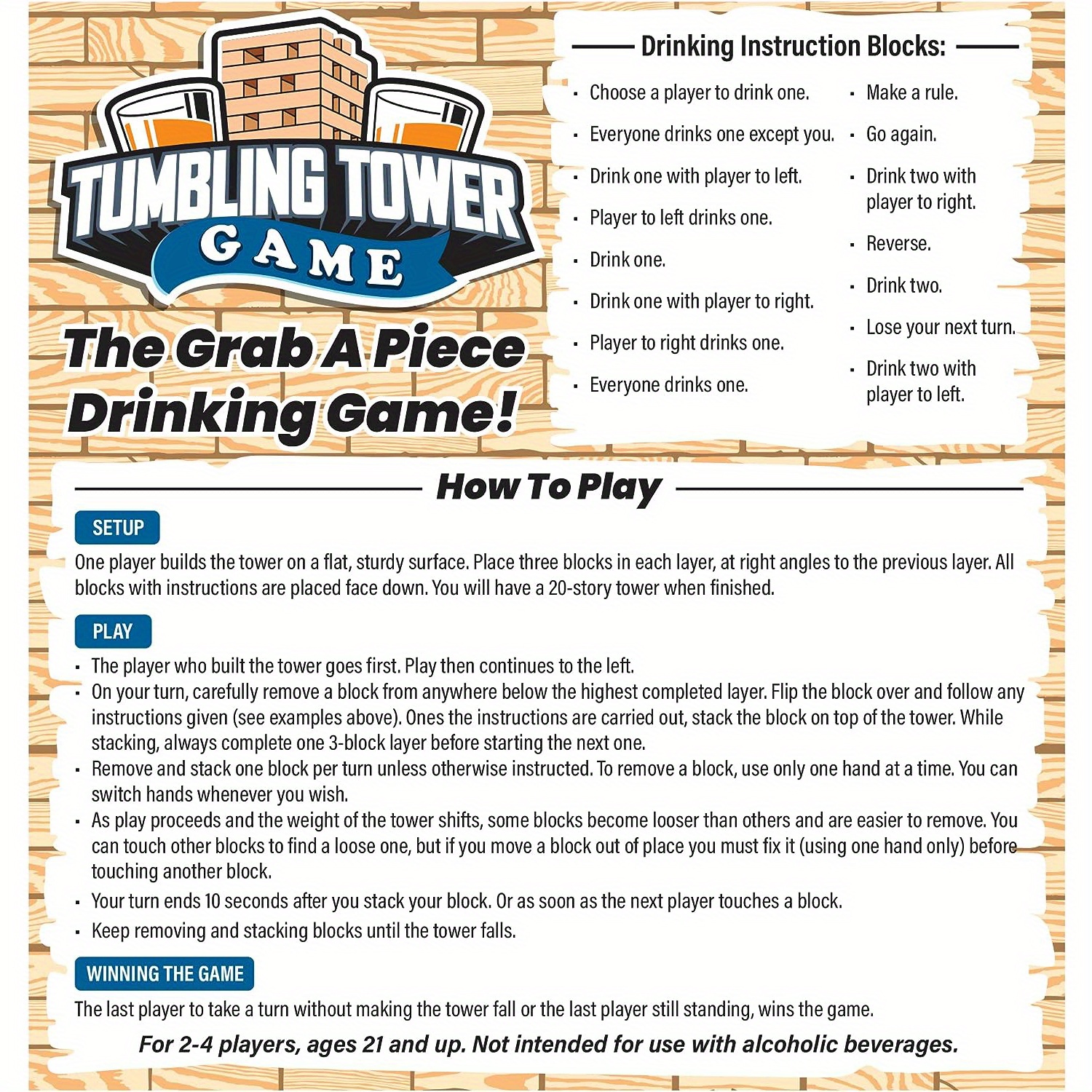 Drunken Tower Tumble Timber Tower Wood Stacking Block Game, Drinking Game  with 4 Glasses and 60 Wooden Blocks with Challenges, Fun House Party Family  Games for Game Night, Great Gift Idea