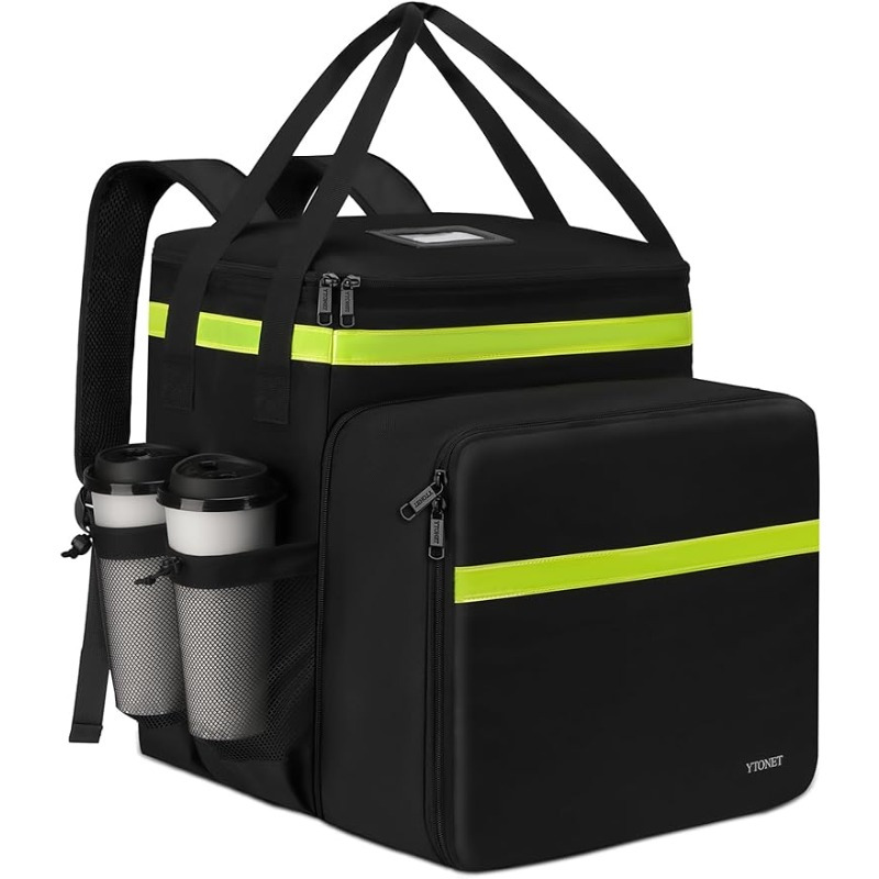 TEMU Expandable Insulated Food Delivery Backpack - Black With Neon , 3 Internal Compartments, 4 Mesh Pockets, Oxford Cloth, Ideal For Pizza Delivery,