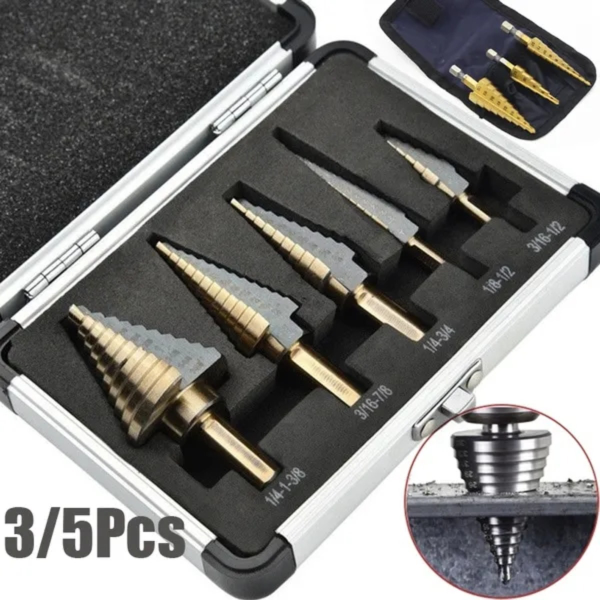 

3/5pcs Hss Cobalt Multiple Hole 50 Sizes Step Drill Bits Set With Aluminum Case/pouch