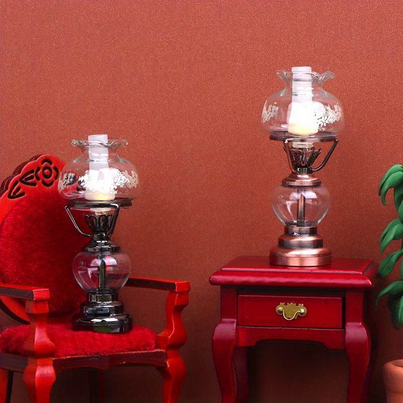 Miniature Lantern Mini Kerosene Lamp Light Dollhouse Decoration  Accessories, 1:12 Dollhouse Miniature Kerosene Lamp(Type 2-with Light)