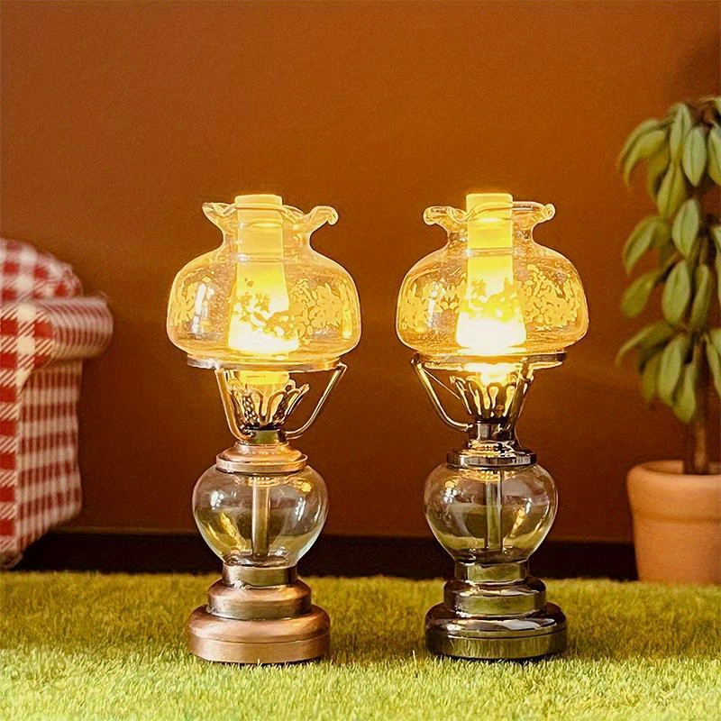 Two Vintage Dollhouse Miniature Brass Kerosene Lamps Large 1