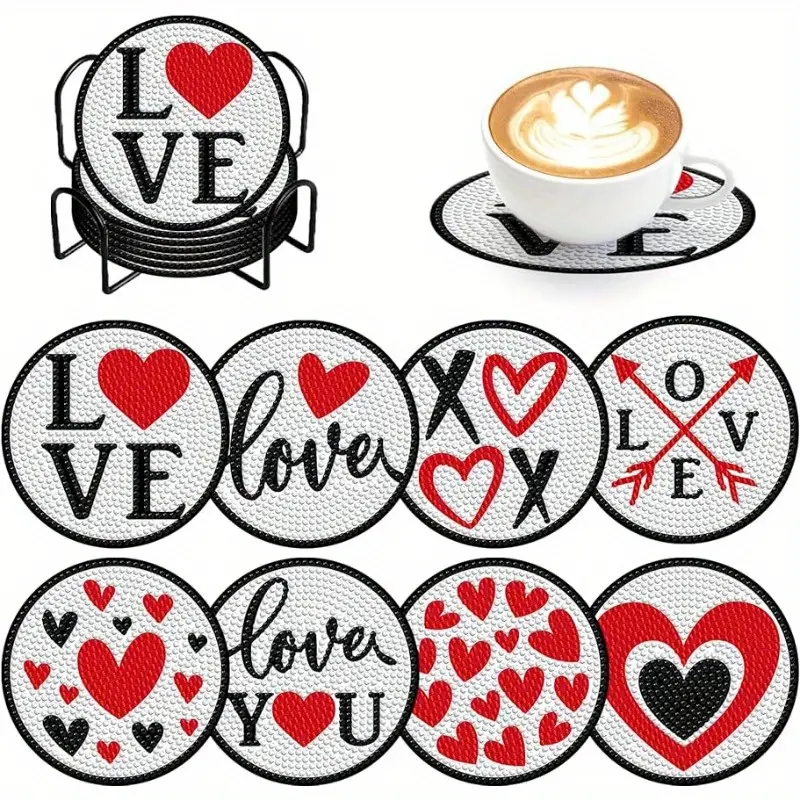 Valentine's Day Diamond Art Painting Coasters Kits With Holder Diy