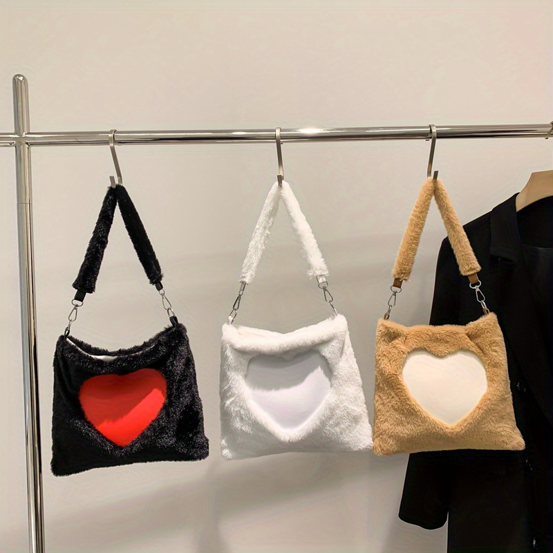 Fluffy Heart Shaped Tote Bag, Y2k Plush Shoulder Bag, Trendy Faux