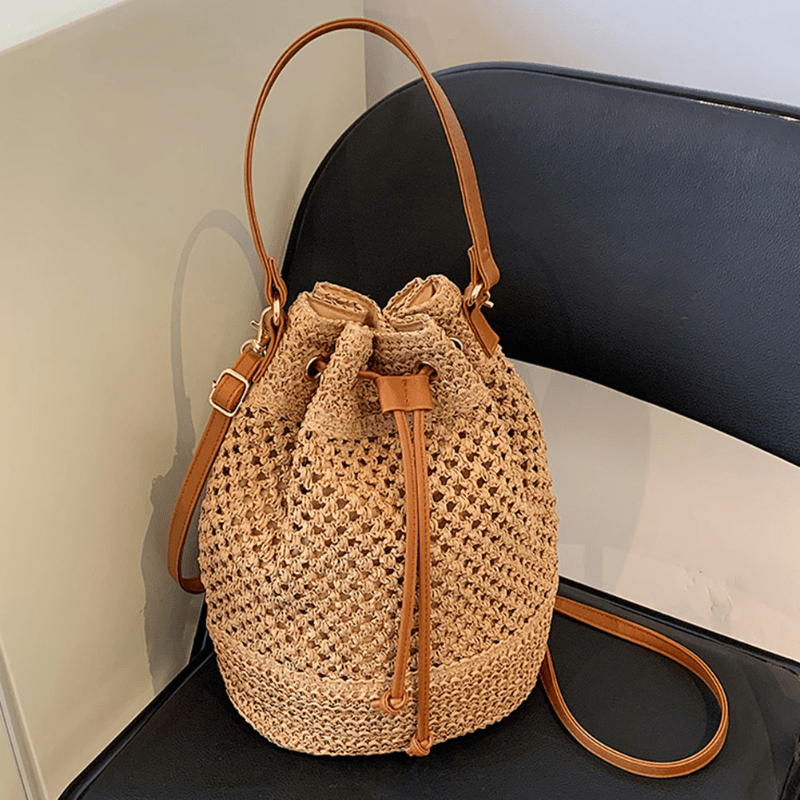 Adjustable Strap Drawstring Bag, Large Capacity Solid Bucket Bag, Fashion  Portable Crochet Bag