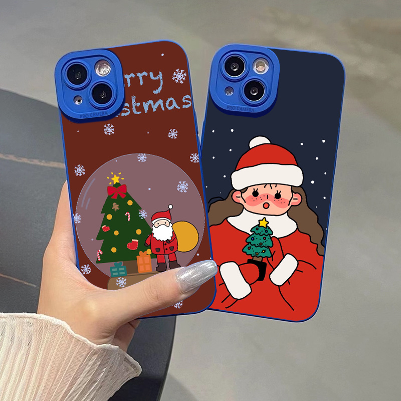 2pcs Santa Claus And Christmas Girl Graphic Silicone Phone Case For IPhone  15 11 14 Pro Max XR XS Plus Mini CLL Pattern Luxury Matte