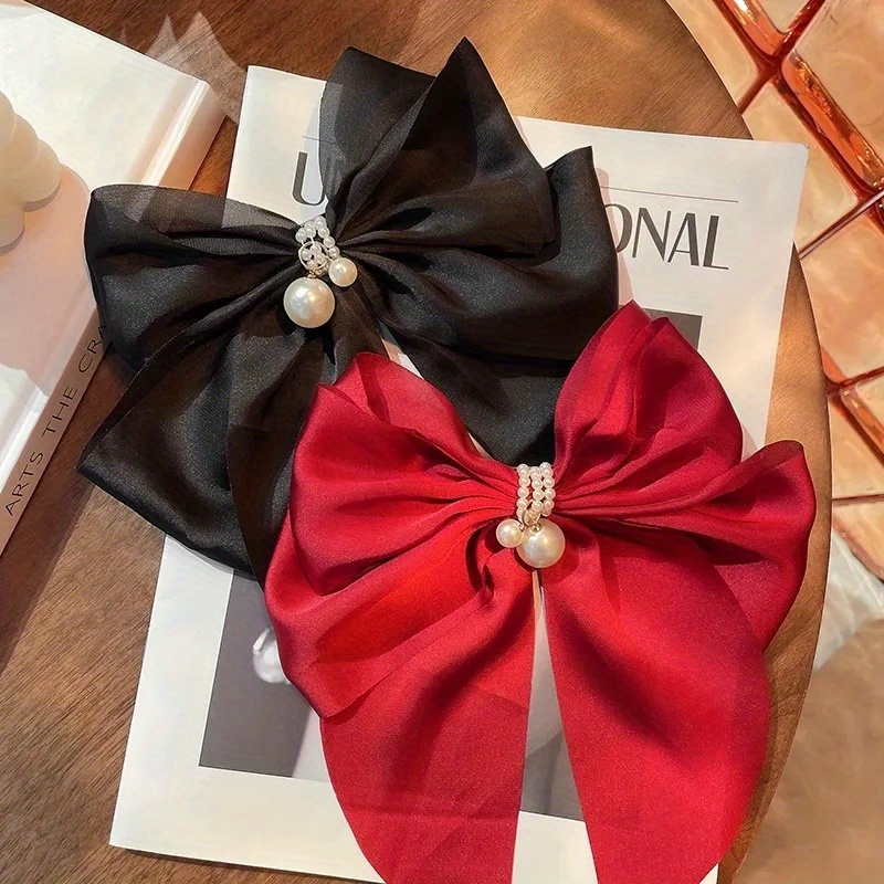  Cute Ribbon Bow Imitation Pearl Hair Clip, Women