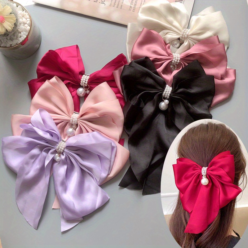  Cute Ribbon Bow Imitation Pearl Hair Clip, Women