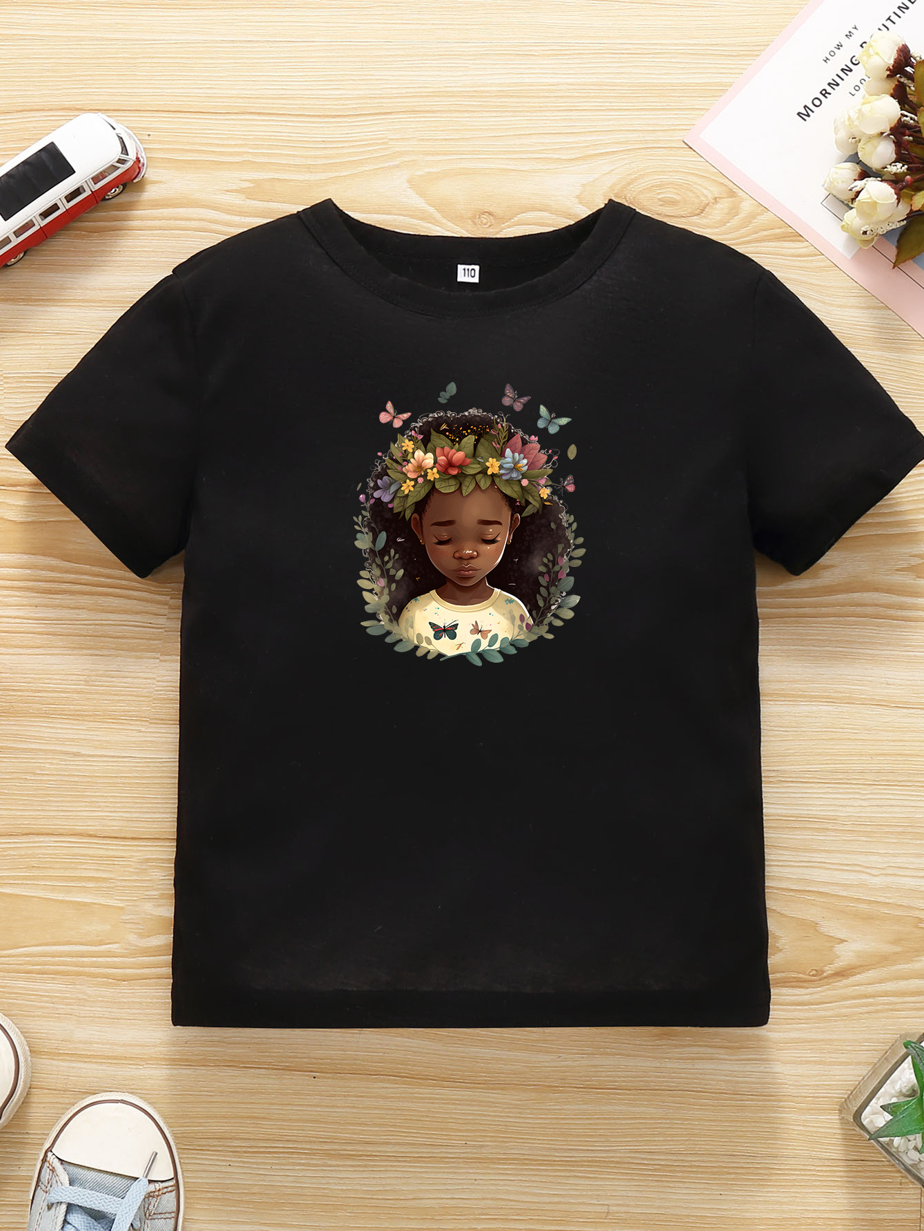 Adorable Camiseta Negra Con Estampado De Niña Y Flores - Temu