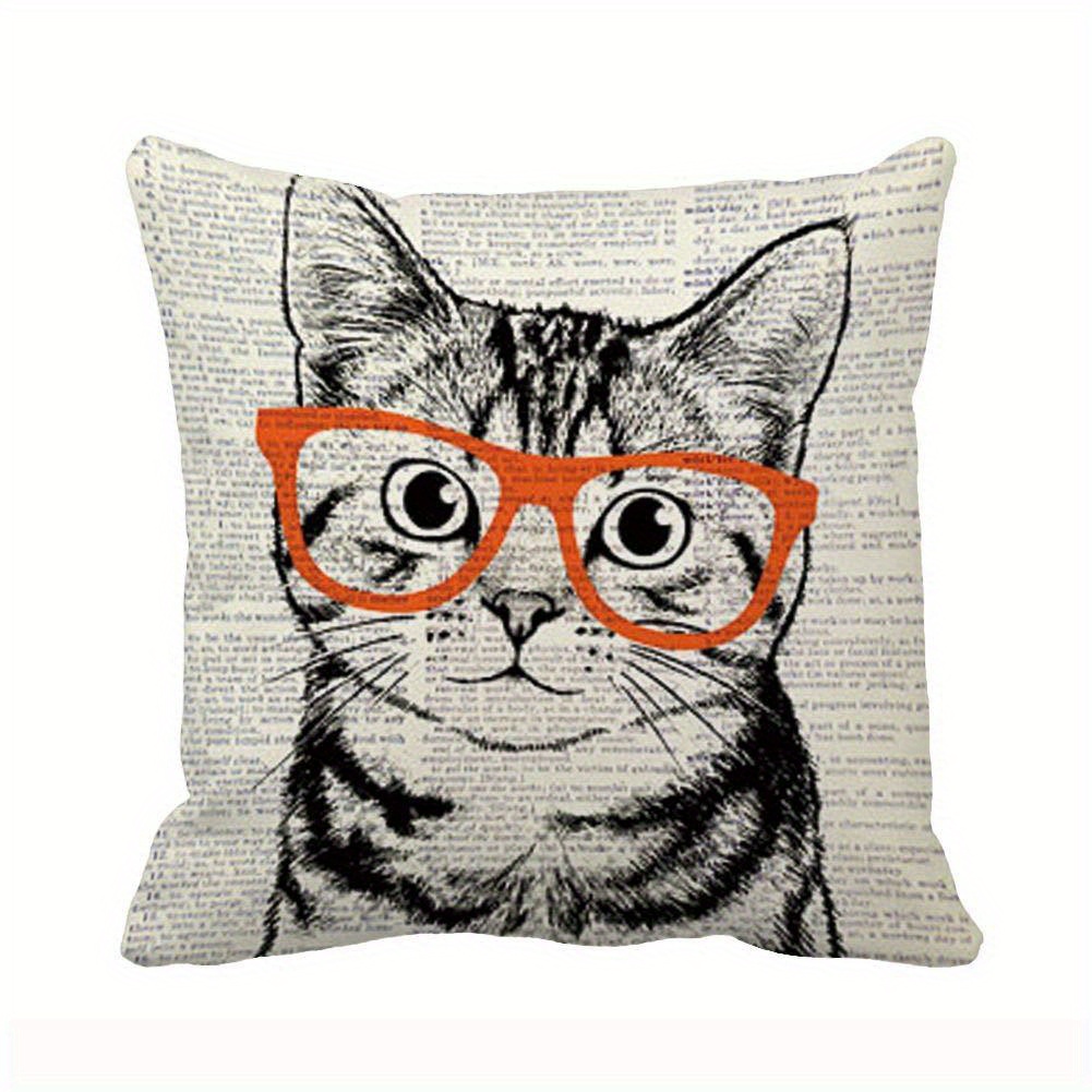 

1pc Cute Cat Art With Glasses Throw Pillow Case, Soft Cotton Canvas Home Decorative Cushion Cover For Sofa And Bed 1 Side Print 18x18inch