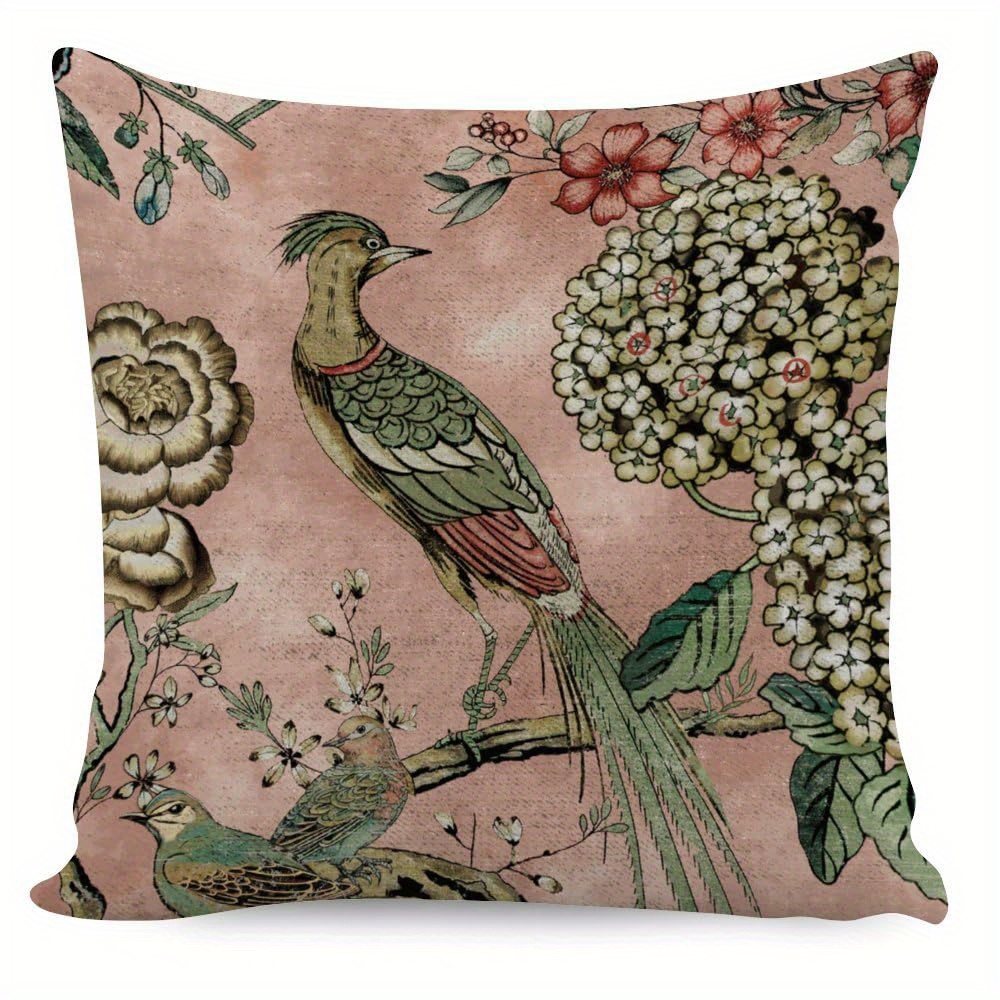 

1pc Blush Cushion Cover Chinoiserie Pillow Animal Vintage Bird Flower Asian Throw Pillow Covers Double Side Farmhouse Accent Home Decorative Toss For Living Room Sofa White Linen 18x18 Inch