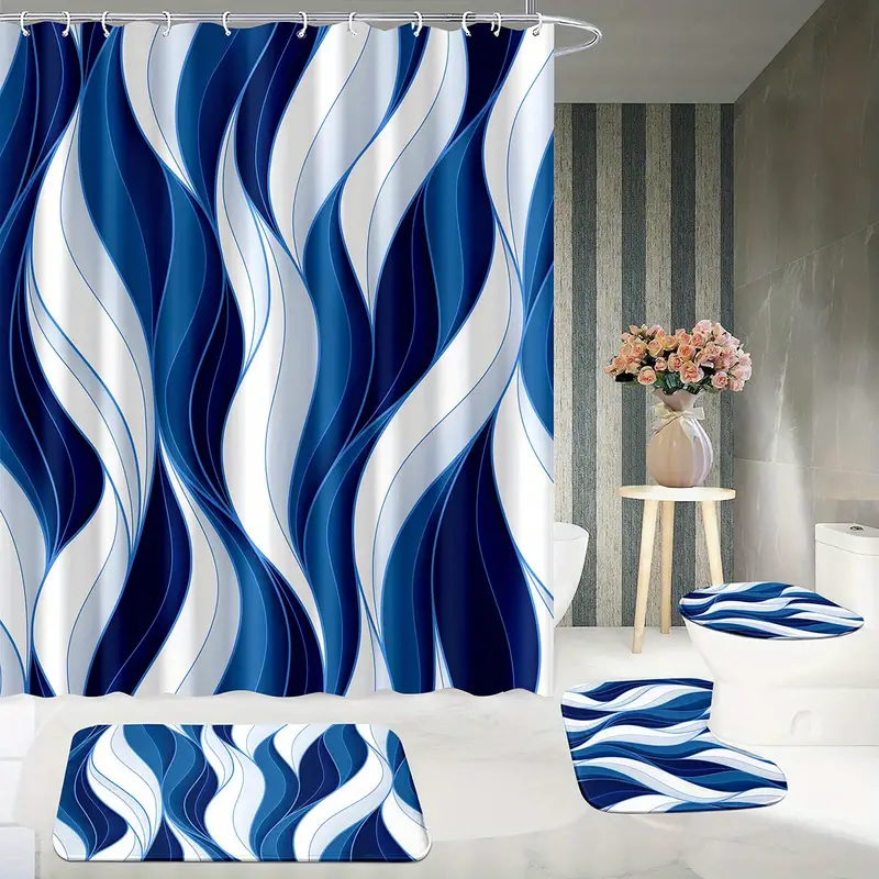Blue White Striped Shower Curtain Set