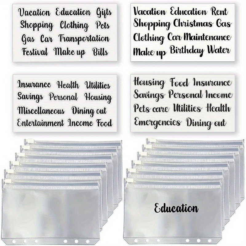 12pcs Binder Pockets And 4-pack Cash Envelope Labels Stickers A6 Binder Pockets With Zipper For Budgeting Clear Adhesive Labels For Bill Money