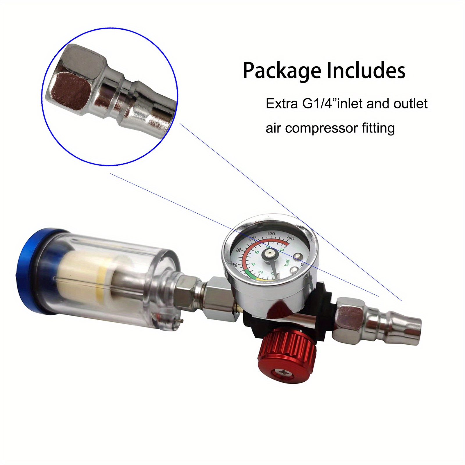 Régulateur d'air de pulvérisation au Pistolet à air compresseur + Filtre  pièges à Huile séparateur d'eau avec Embout Accessoire Pistolet  Peinture（G1/4）