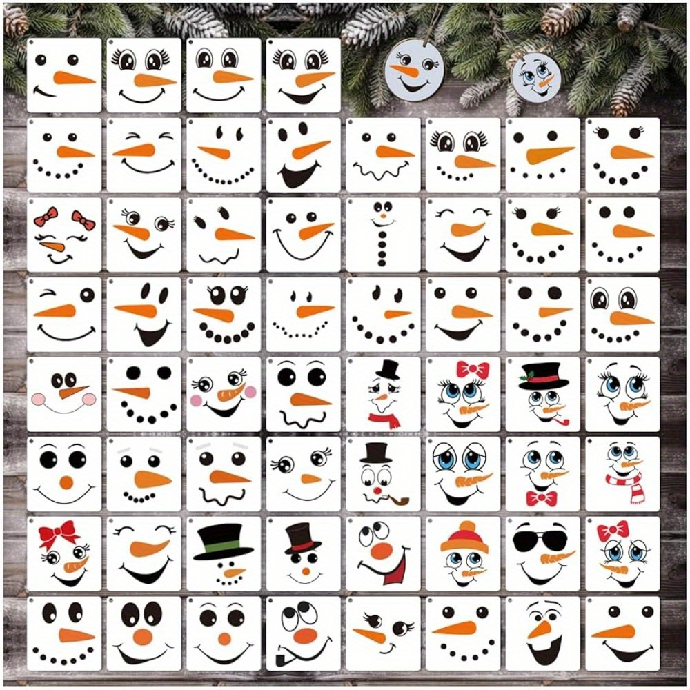 

60pcs Christmas 3in Face Snowman Face Christmas Stencils For Painting On Wood Cookie Gingerbread Small Stencils For Ornaments Crafts Supplies Glass Tree Home Party Decorations