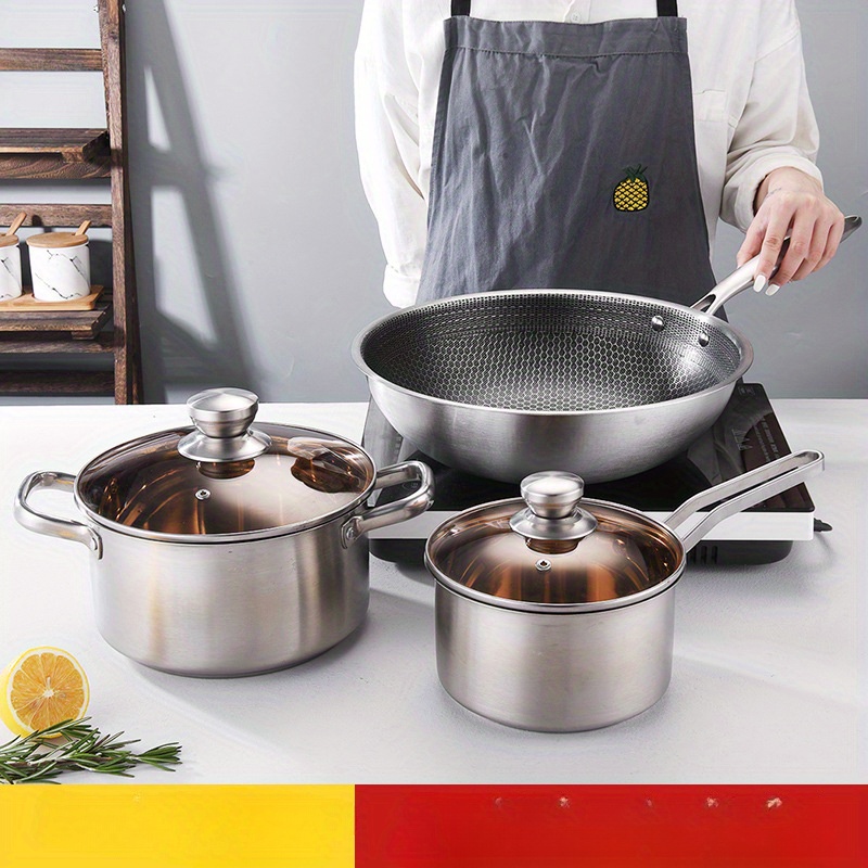 Stainless Steel Cookware Set Flat Bottom Frying Pan Soup Pot - Temu