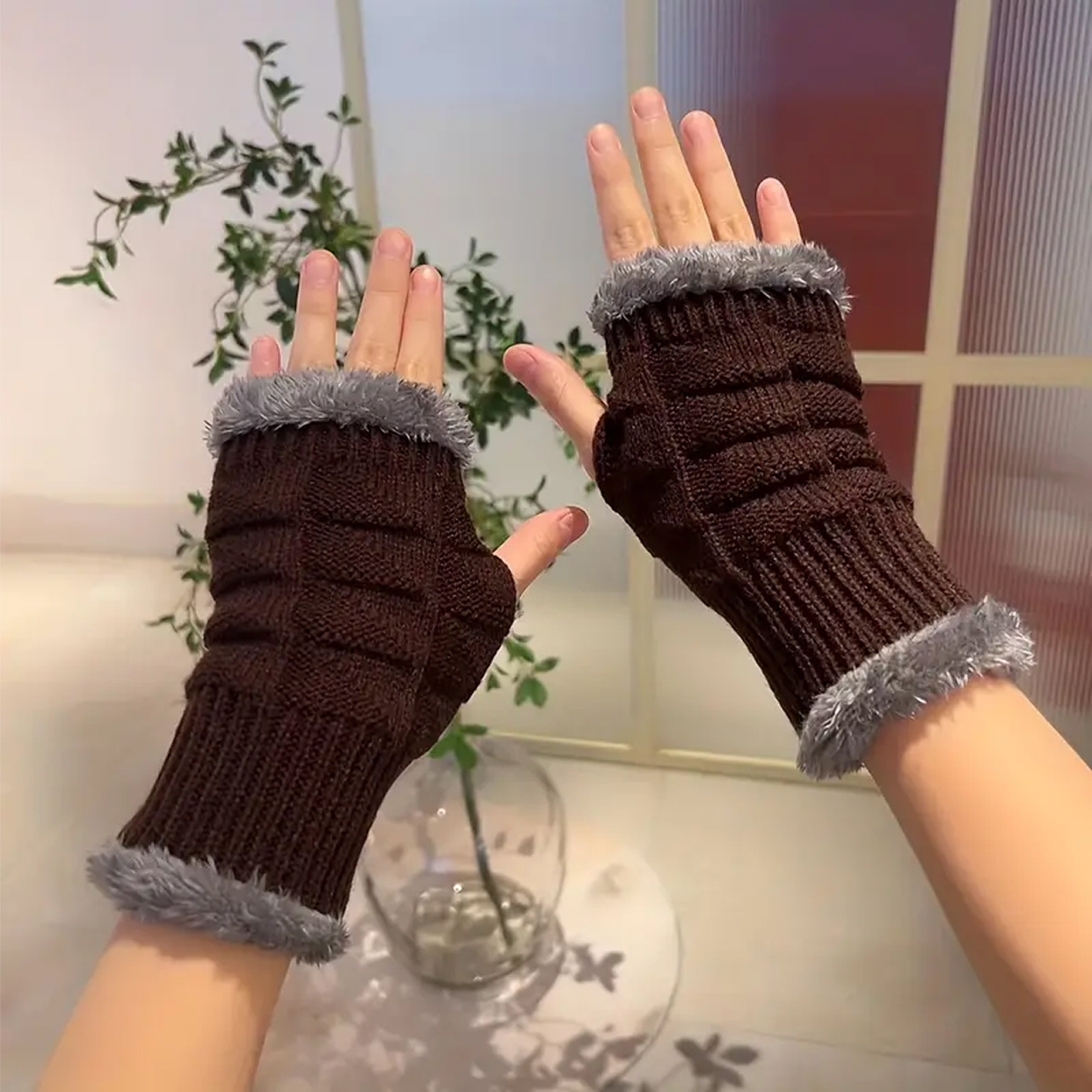 Acheter 1 paire de gants d'hiver demi-doigts en fausse fourrure