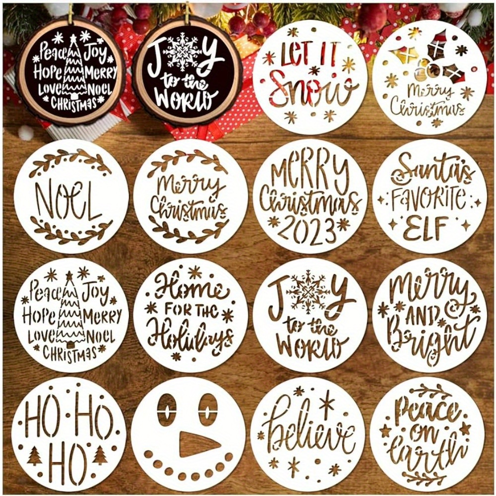 Small Christmas Stencils for Painting on Wood Reusable Round Small Holiday  Merry Christmas Stencils Xmas Ornaments Stencil for Wood Slice Cards