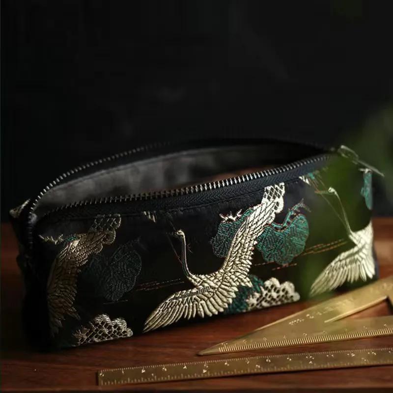 1pc Chinese Style Large Capacity Brocade Pen Bag For Students Simple Stationery Box Exquisite Learning Supplies