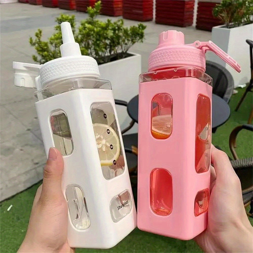 Kawaii Water Bottle with Straw Cute Large Water Bottles with Kawaii Stickers Aesthetic Leakproof Square Drinking Bottle (White 1)